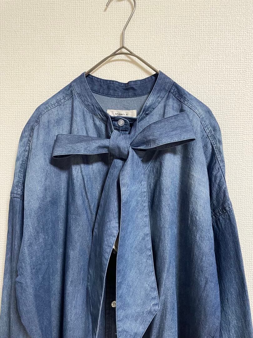 【新品】モニーレ ボウタイ リボン デニムシャツ 濃いブルー ダンガリーシャツ