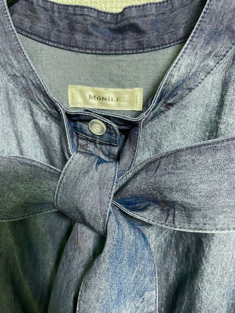 【新品】モニーレ ボウタイ リボン デニムシャツ 濃いブルー ダンガリーシャツ