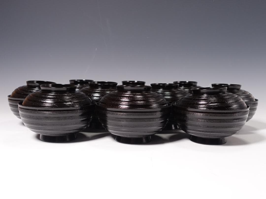 輪島塗師 堀川蒼雲 黒塗 糸目 見返七宝蒔絵 煮物椀 10客 共箱 天然木製