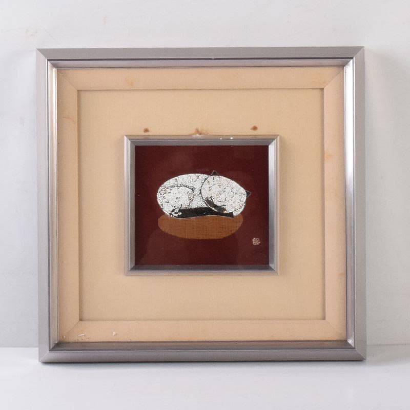 漆芸　輪島塗　卵殻蒔絵　猫　在銘　額装　C　8234A