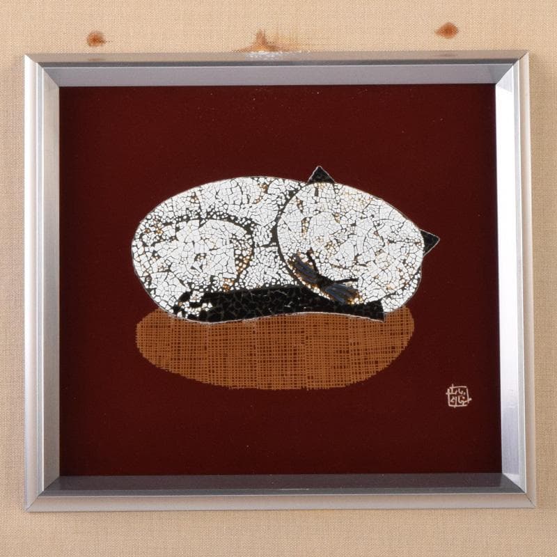 漆芸　輪島塗　卵殻蒔絵　猫　在銘　額装　C　8234A
