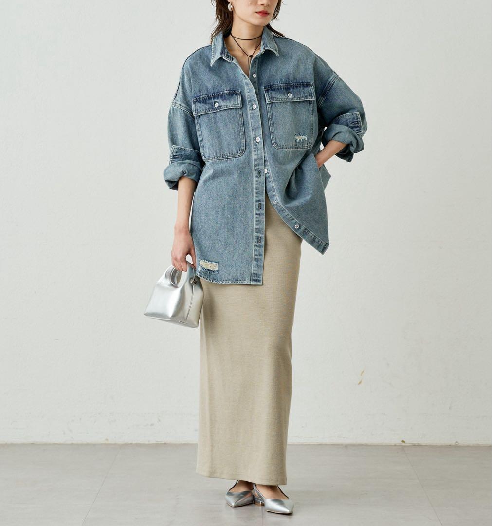 新品未使用タグ付き　ラウンジドレス　2025 9月購入　デニム　ダメージ　シャツ