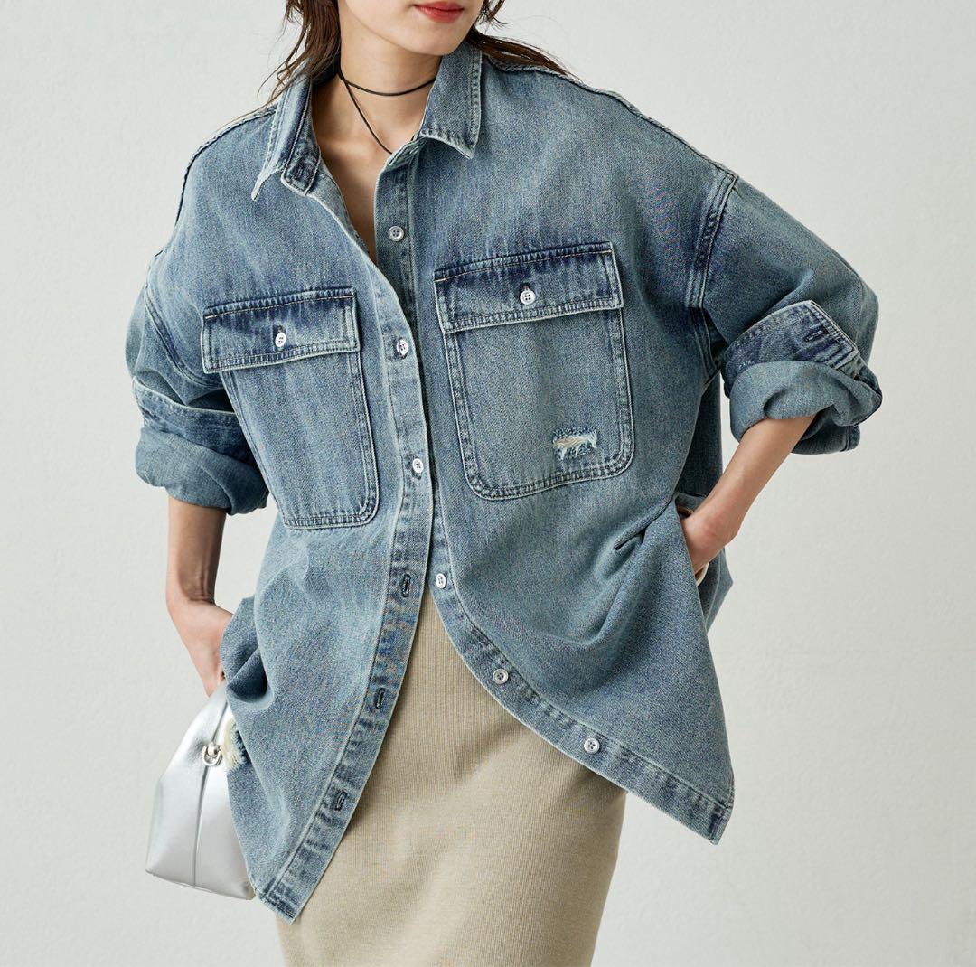 新品未使用タグ付き　ラウンジドレス　2025 9月購入　デニム　ダメージ　シャツ