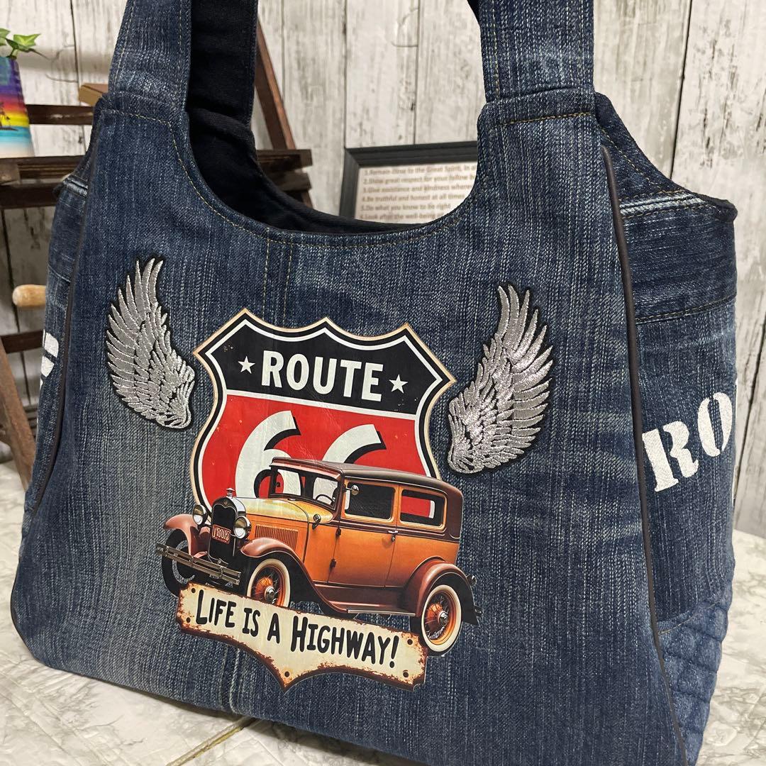 No. 505 デニムリメイクバッグ　トートバッグ　インディアン　ルート66