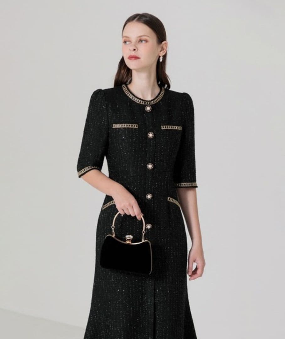 美品✨LEJA　ラメ混ツイードレザーパイピングパール釦スパンコールマーメイド　S