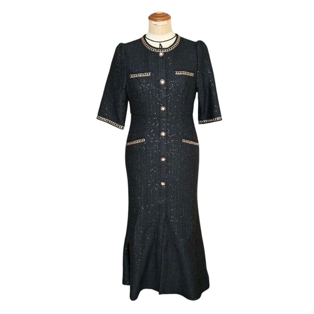 美品✨LEJA　ラメ混ツイードレザーパイピングパール釦スパンコールマーメイド　S