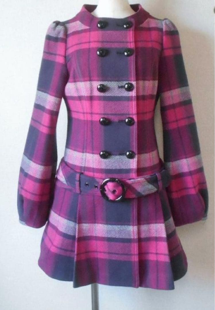 バーバリー ブルーレーベル　チェック　ピンク　ウールコート　ベルト付