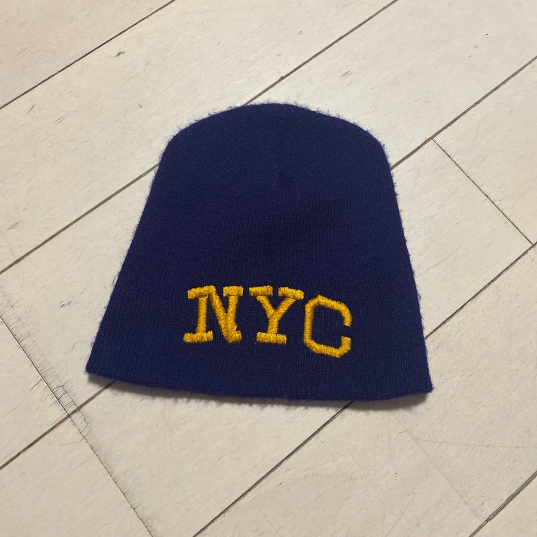 Stussy NYC刺繍 ネイビー ビーニー　90s stussy ニット帽