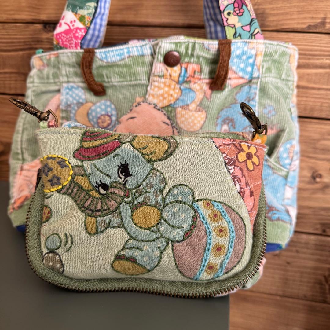ハンドメイド デニムリメイク バッグ レトロアニマル ポーチ付き 2way 51