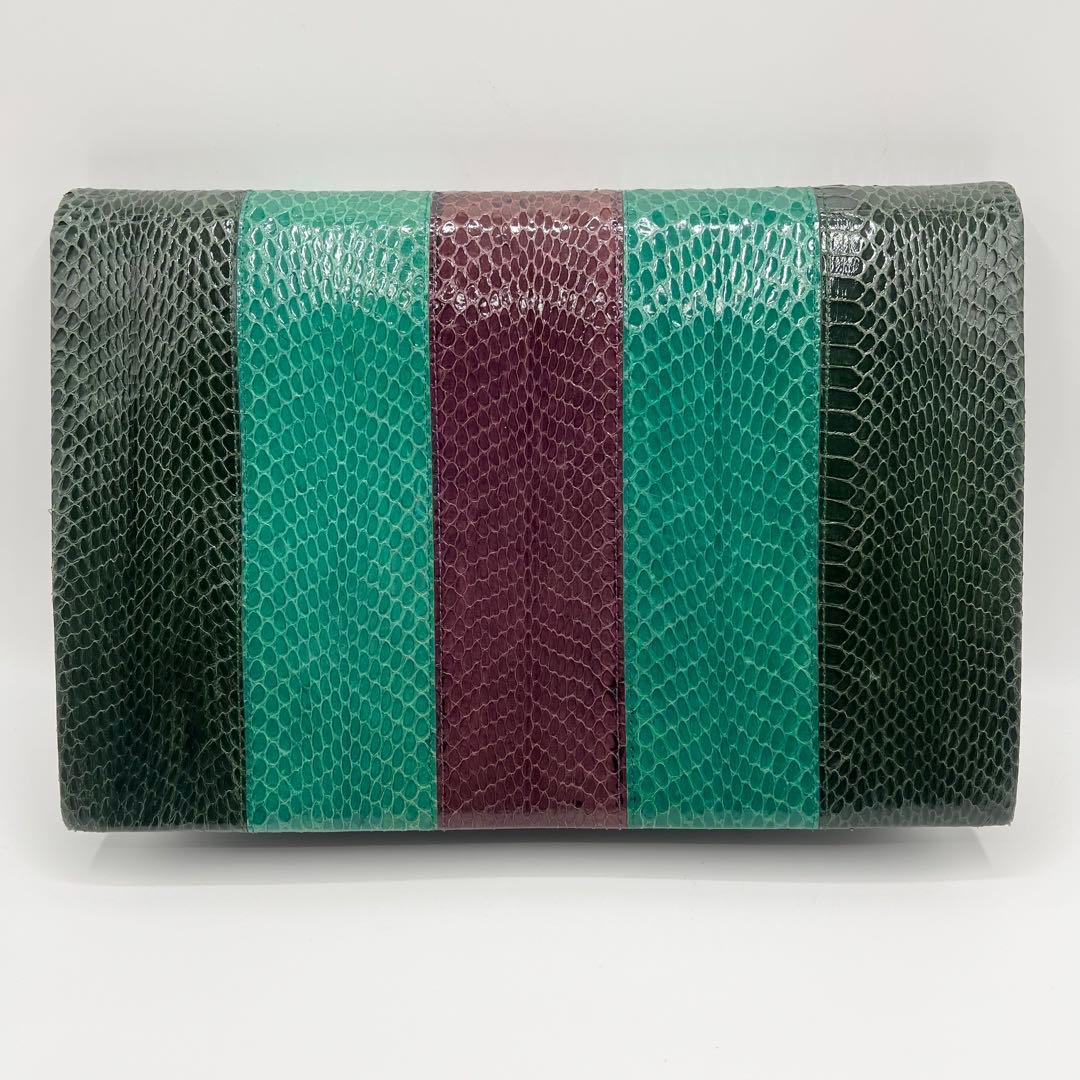 【美品】イヴ・サンローラン　クラッチバッグ　パイソン　マルチカラー　グリーン