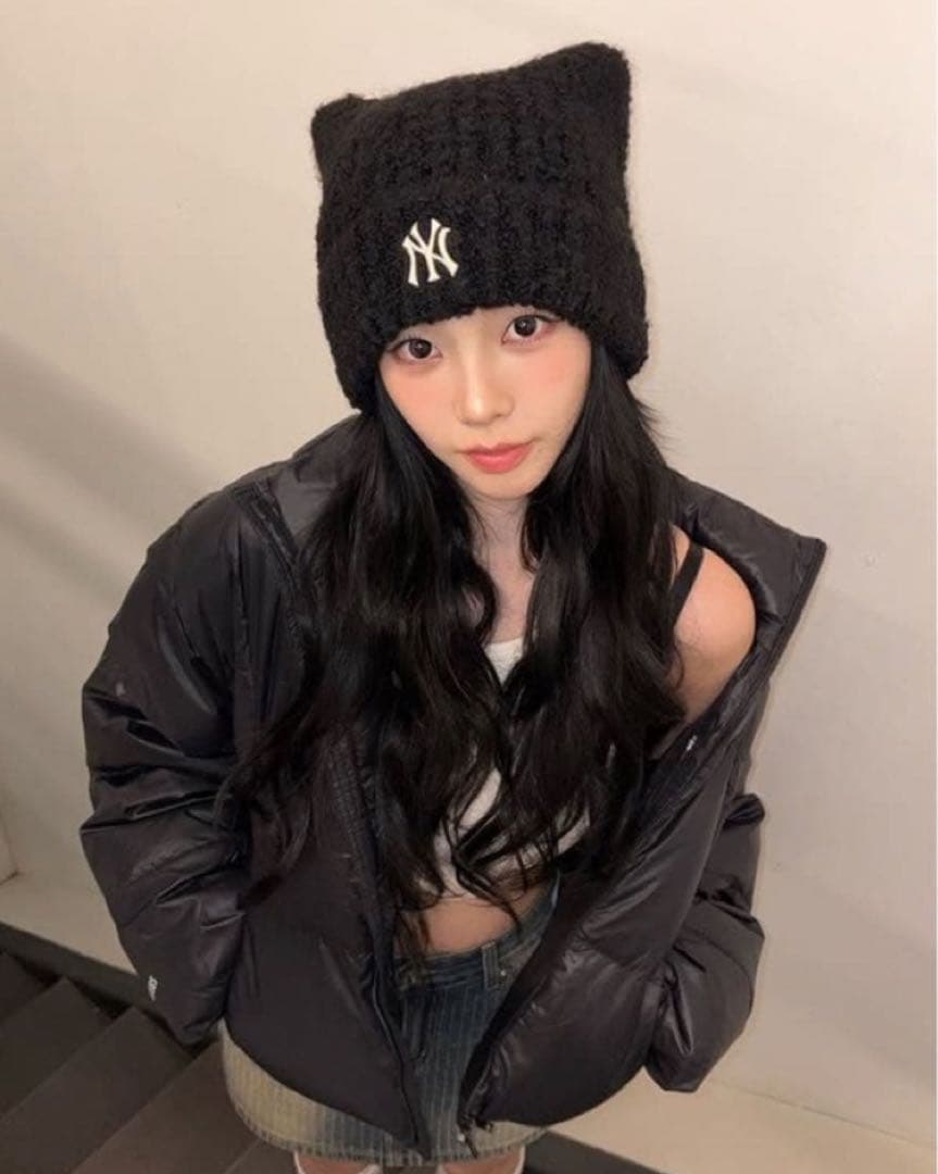 新品未開封 MLB Korea 猫耳ニット帽 黒 カリナ着用モデル 韓国限定 ②