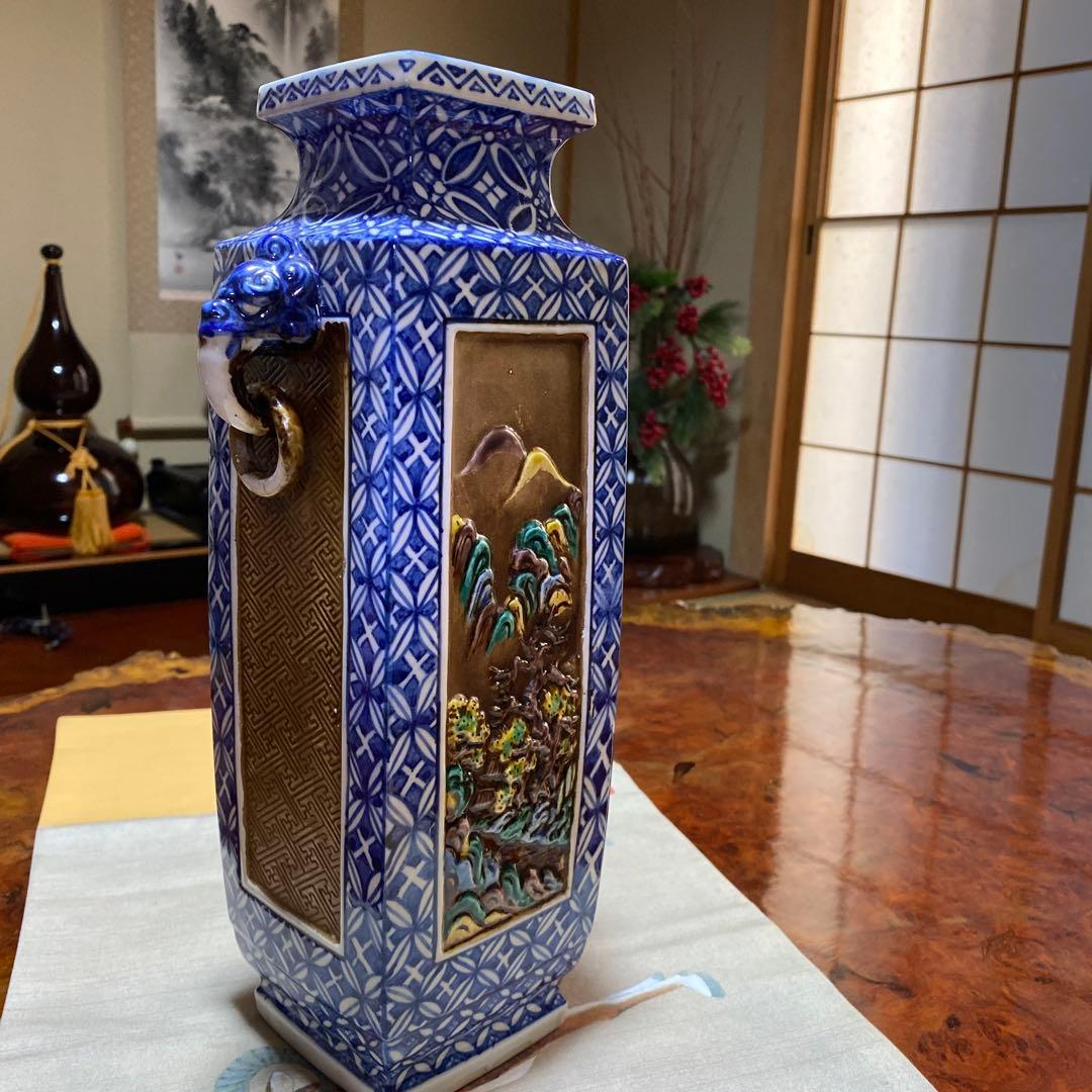 九谷焼　花瓶　緑角福　象双耳遊環　両耳　アンティーク　両耳　レア　希少