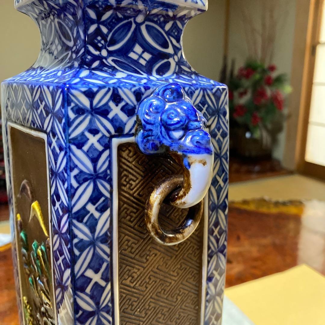 九谷焼　花瓶　緑角福　象双耳遊環　両耳　アンティーク　両耳　レア　希少