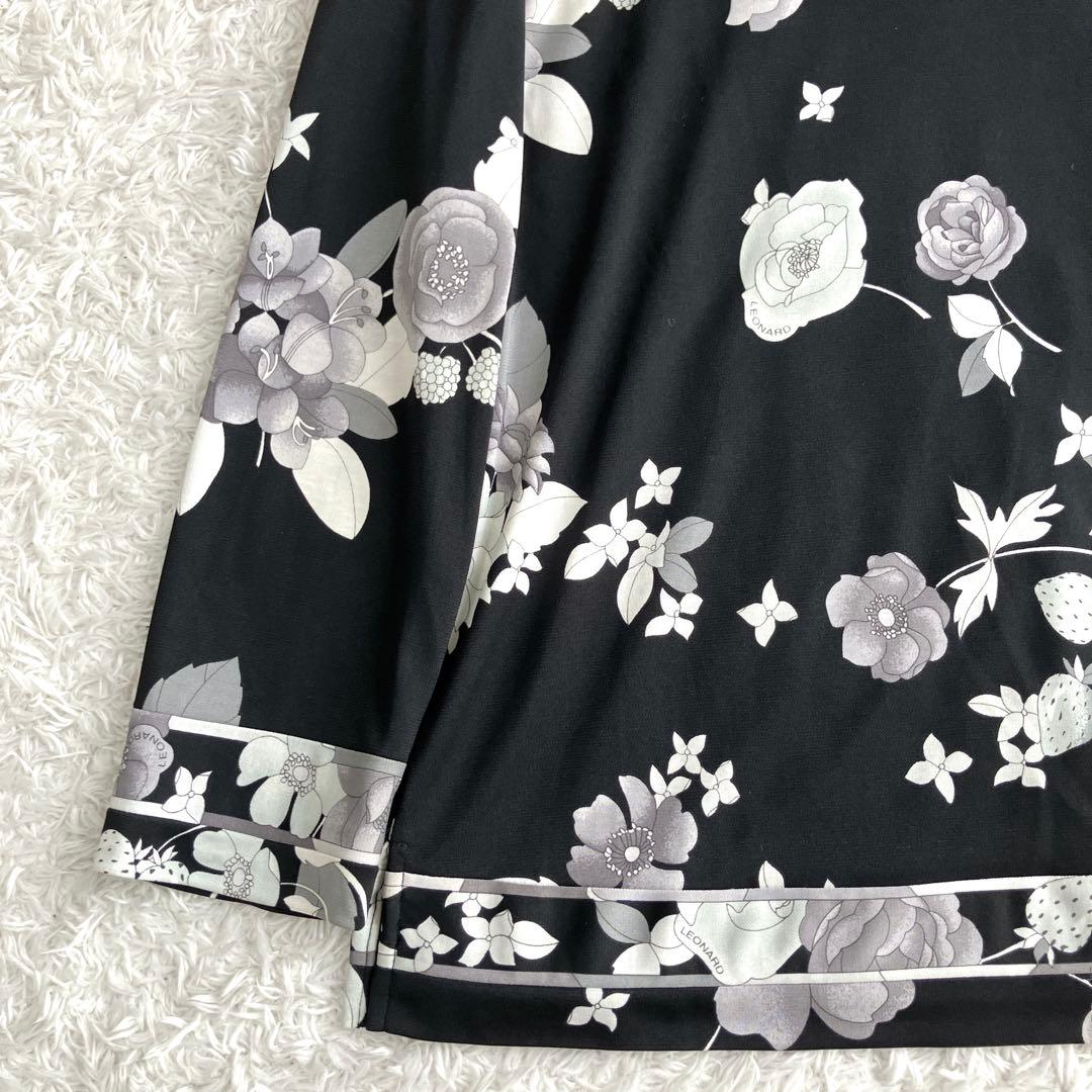 レオナール✨カットソー トップス 手洗い可能 トリム ストレッチ 花 黒 40