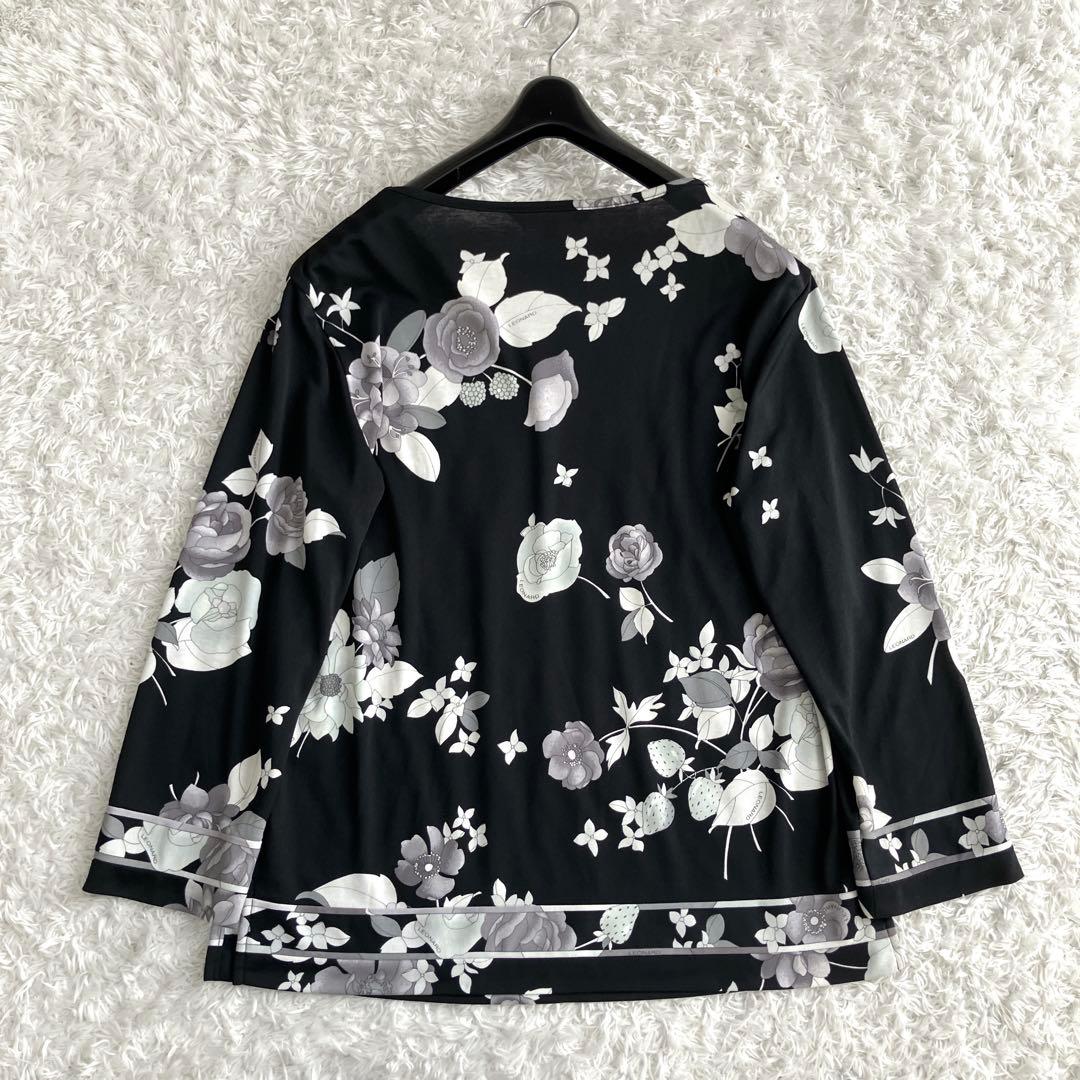 レオナール✨カットソー トップス 手洗い可能 トリム ストレッチ 花 黒 40