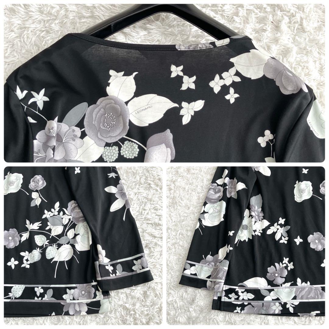 レオナール✨カットソー トップス 手洗い可能 トリム ストレッチ 花 黒 40