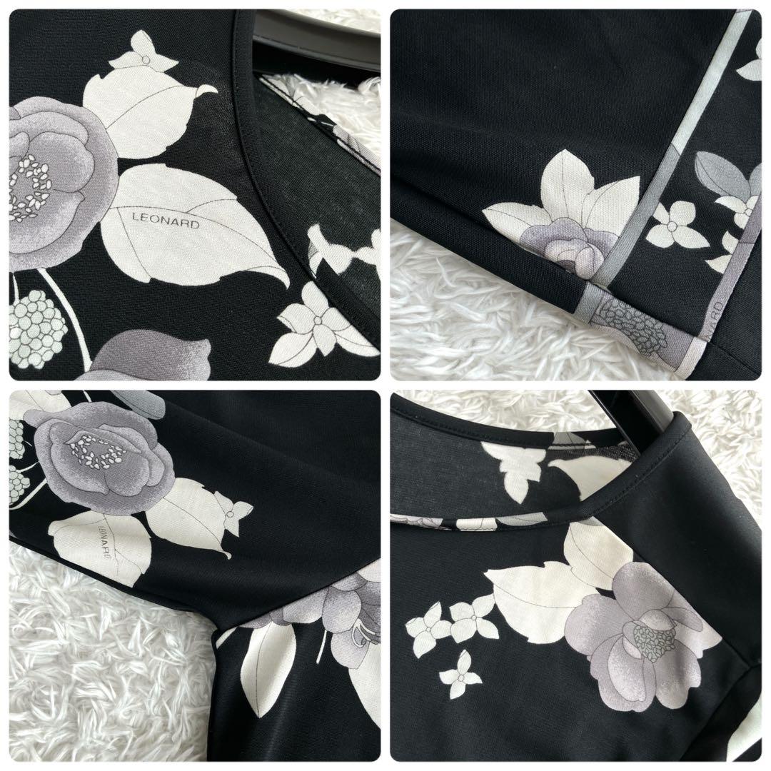 レオナール✨カットソー トップス 手洗い可能 トリム ストレッチ 花 黒 40