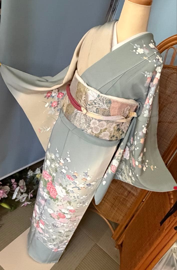 訪問着フルセット、落款入り　四季の花、染め分け　友禅　作家物