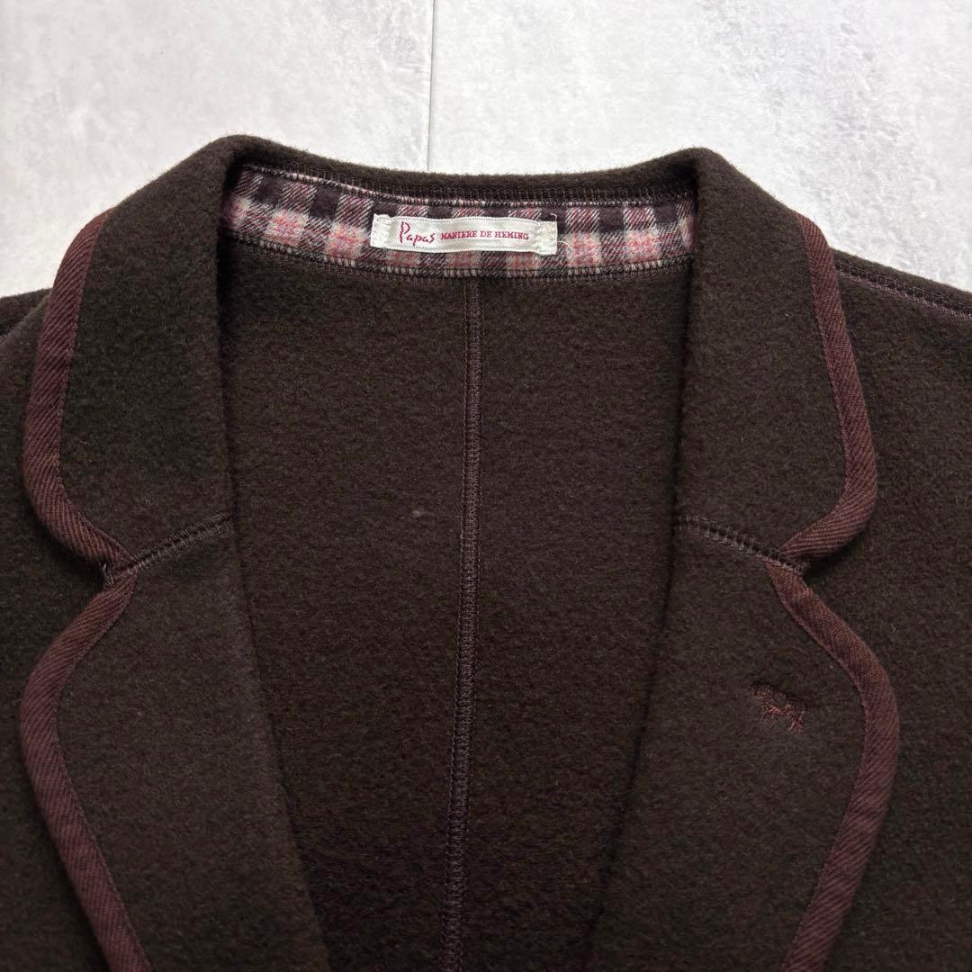 【美品】パパス 縮絨ウール テーラードジャケット パイピング 刺繍ロゴ クルミ釦