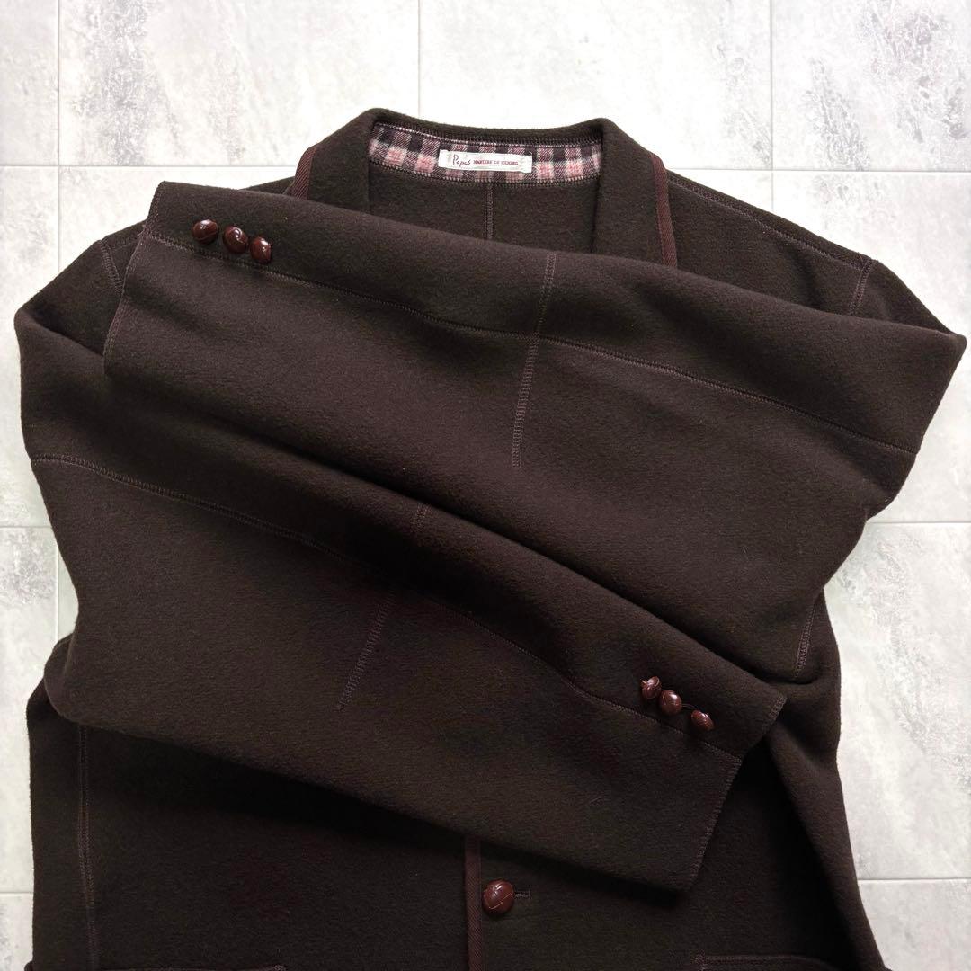 【美品】パパス 縮絨ウール テーラードジャケット パイピング 刺繍ロゴ クルミ釦