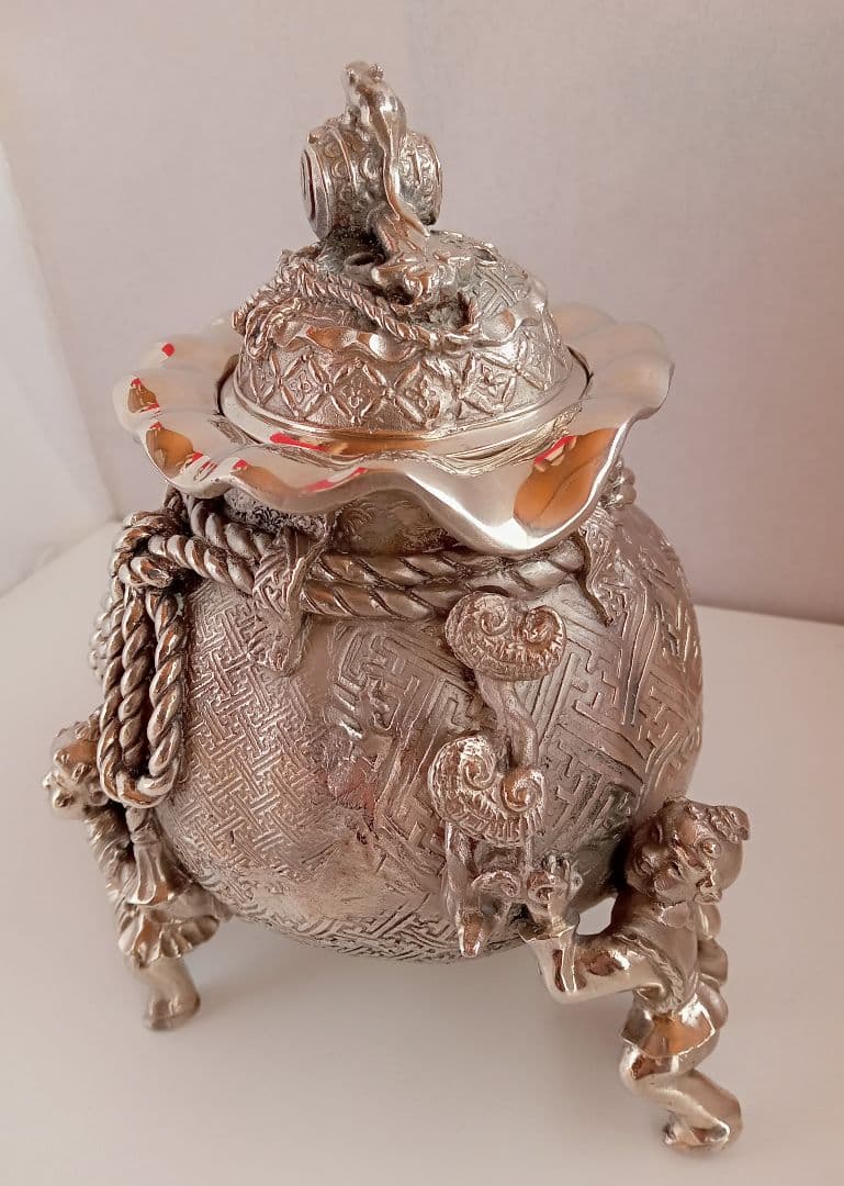 香炉　二上常太郎　元威　茶袋型香炉　洋銀　伝統工芸