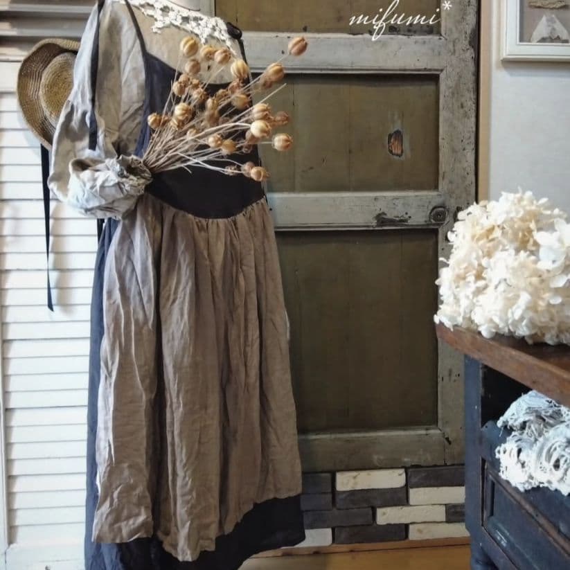 ハンドメイド作家さま☆リネン りぼんのわたぐもキャミワンピース