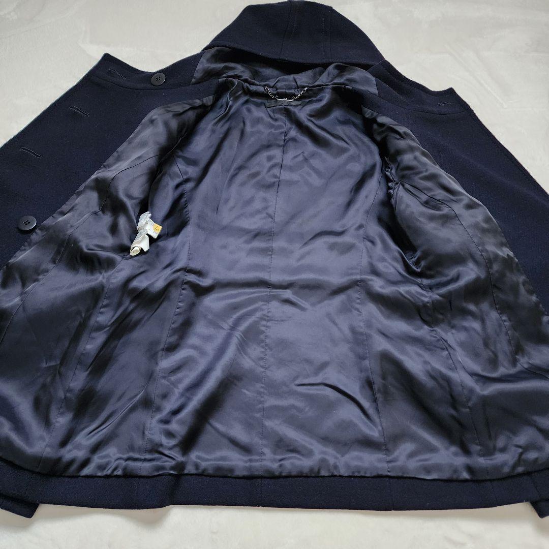 ICB 高級 カシミヤ コート ダブルブレスト 金ボタン フード Aライン 濃紺