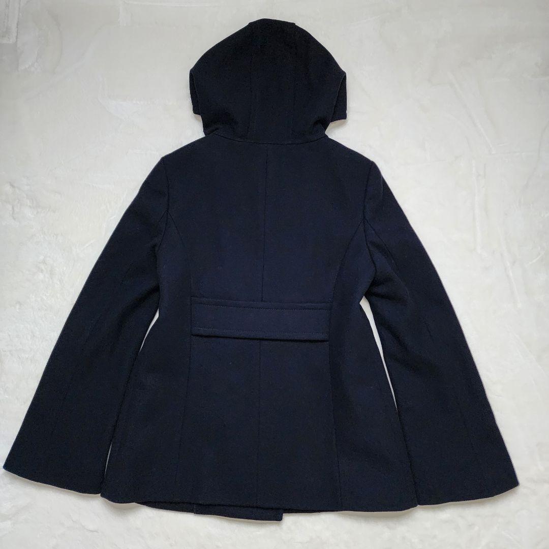 ICB 高級 カシミヤ コート ダブルブレスト 金ボタン フード Aライン 濃紺