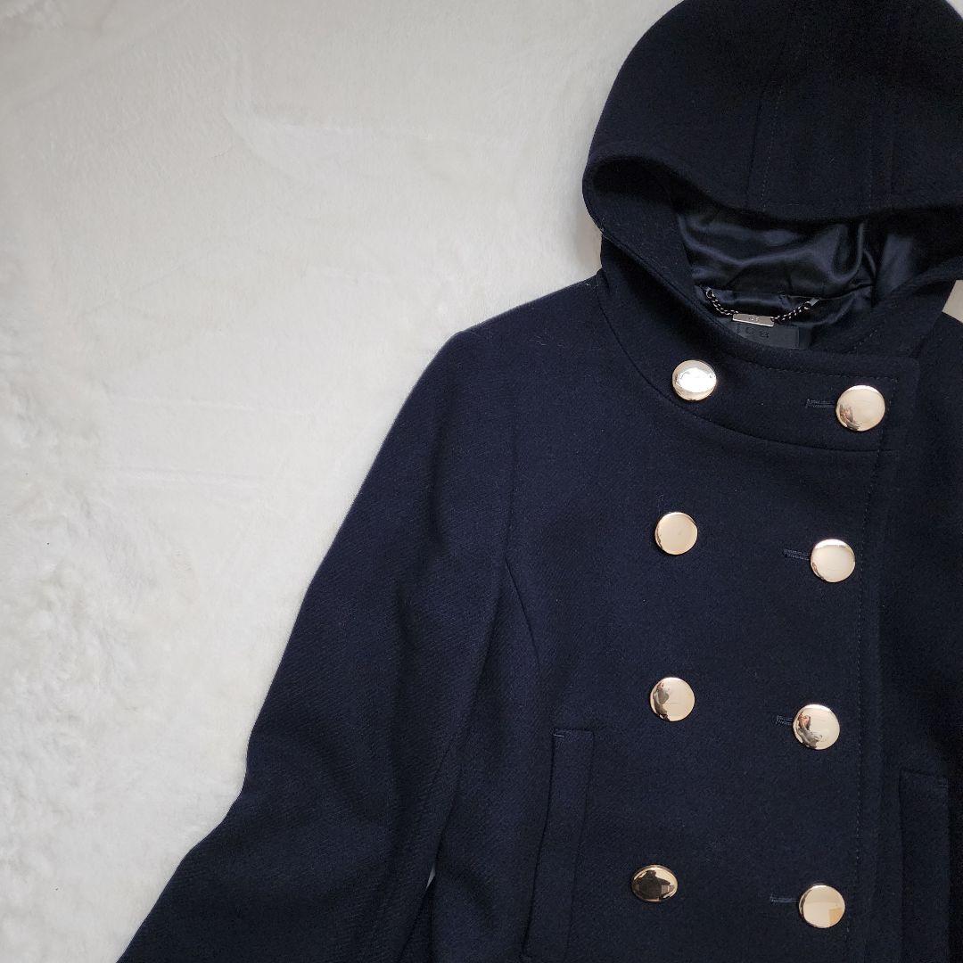 ICB 高級 カシミヤ コート ダブルブレスト 金ボタン フード Aライン 濃紺
