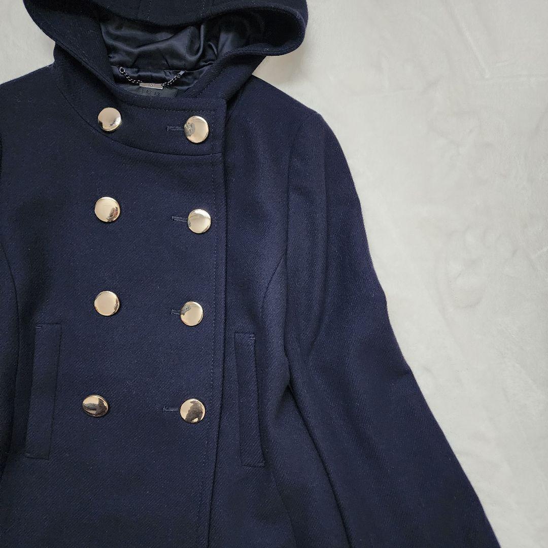 ICB 高級 カシミヤ コート ダブルブレスト 金ボタン フード Aライン 濃紺