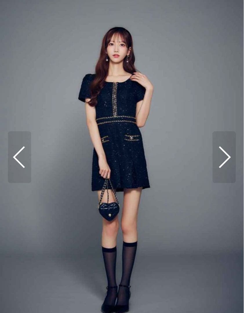 ツイードチェーンプリーツミニドレス S