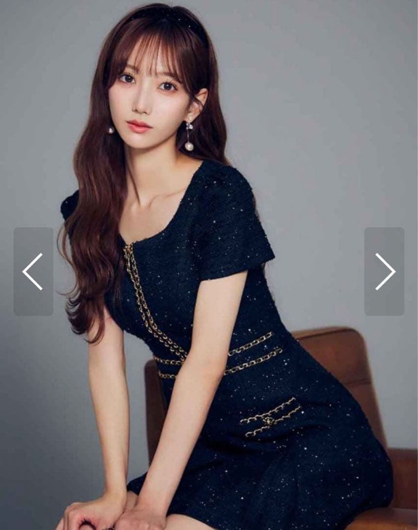 ツイードチェーンプリーツミニドレス S