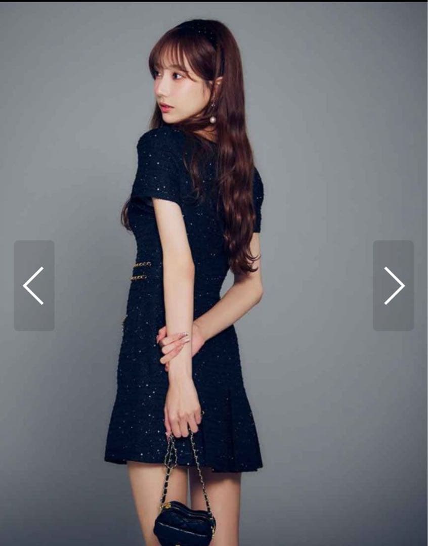 ツイードチェーンプリーツミニドレス S