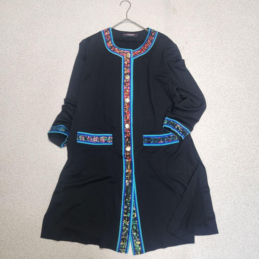 【大きいサイズL】レオナール カーディガン ワンピース トリム ウール 金ボタン