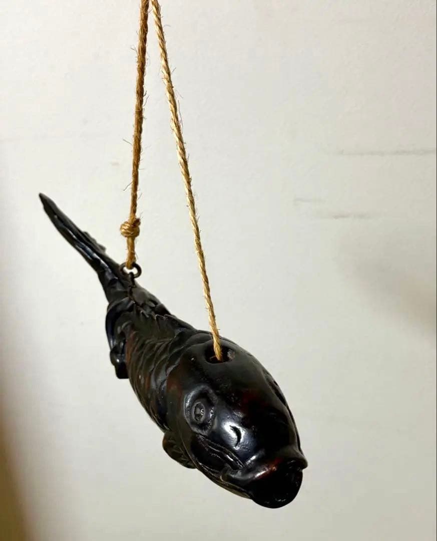 【民藝】囲炉裏・自在鉤◇木彫りの鯉・荒縄付@Folk Art