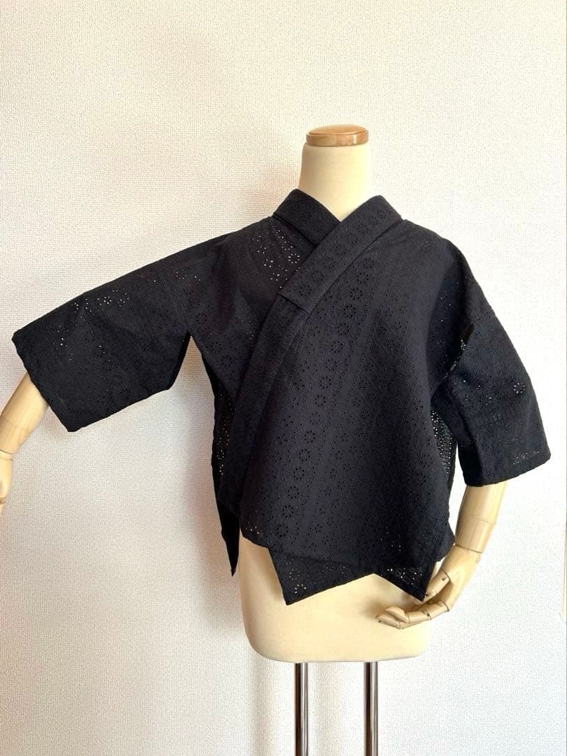 【期間限定お値下げ】黒レース半襦袢　筒袖　綿100　　ハンドメイド　半衿付き