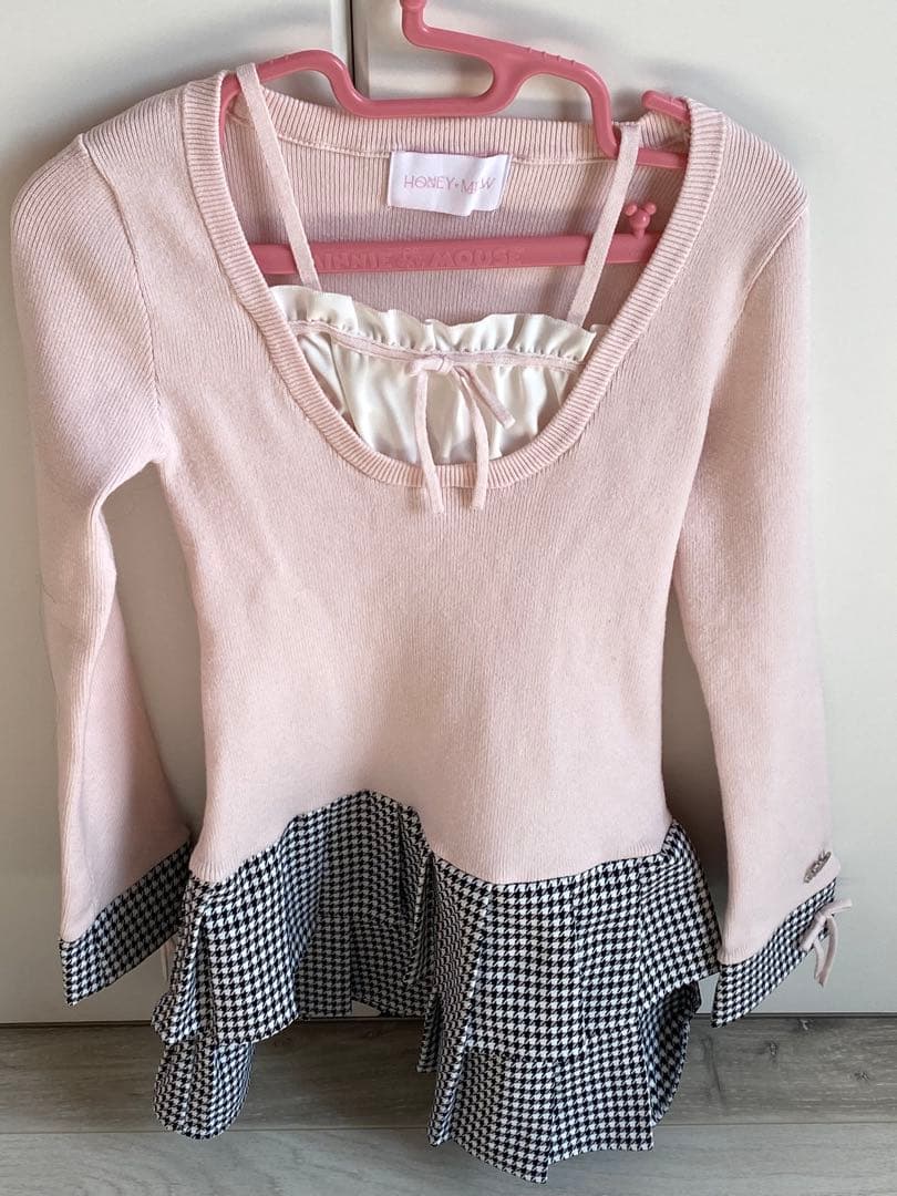 honey mew ハニーミュウ 千鳥プリーツドッキングワンピース＊ピンク