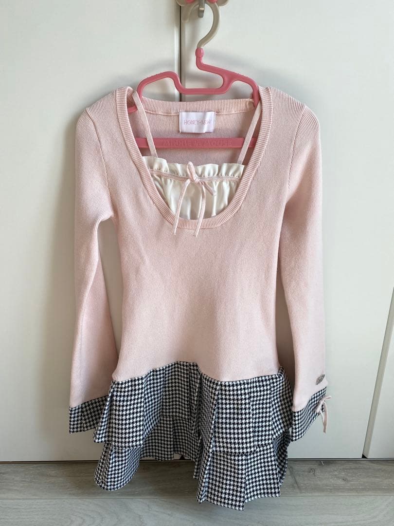 honey mew ハニーミュウ 千鳥プリーツドッキングワンピース＊ピンク