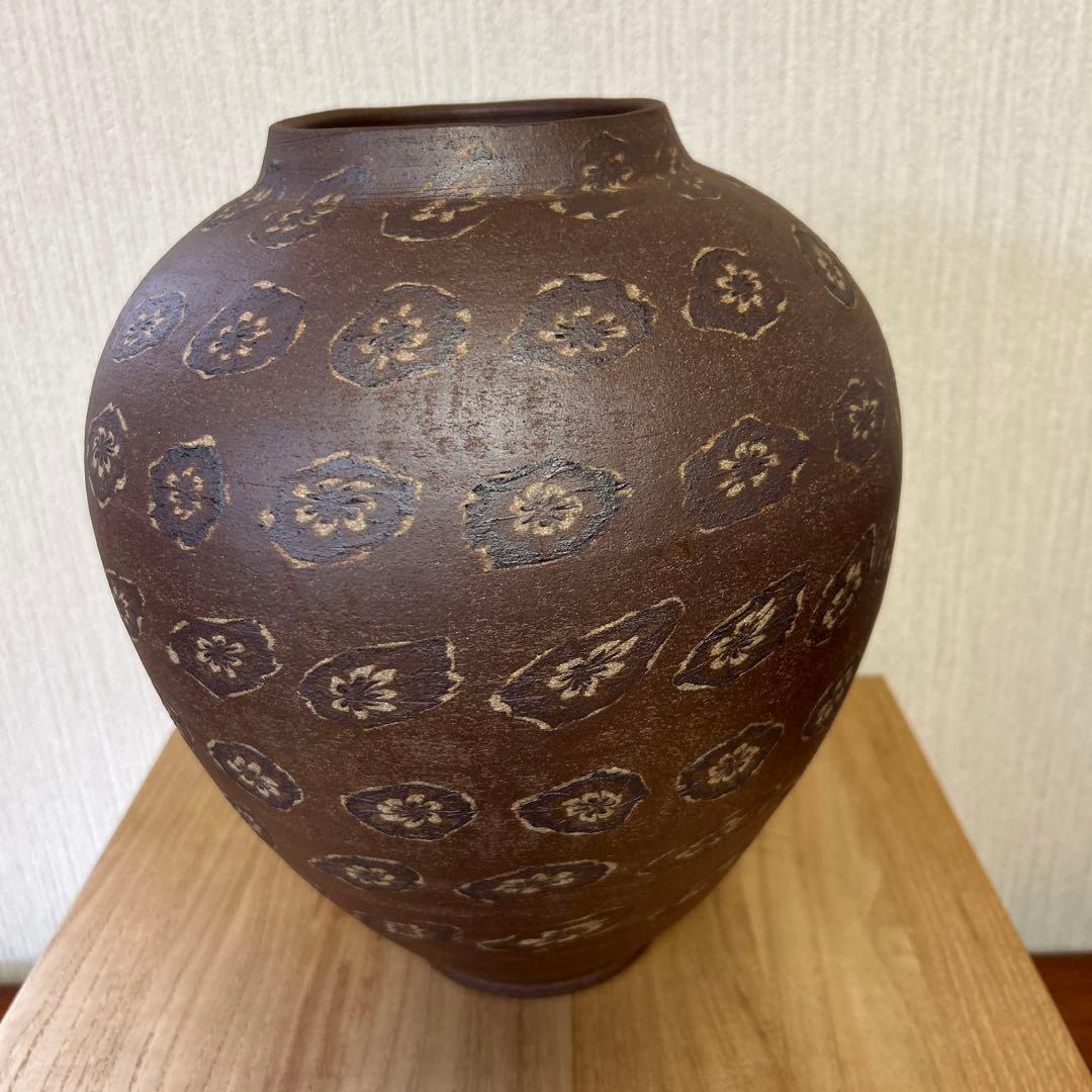 民芸益子焼 伝統工芸士 大塚健一【 菊花紋大花瓶】保管用桐