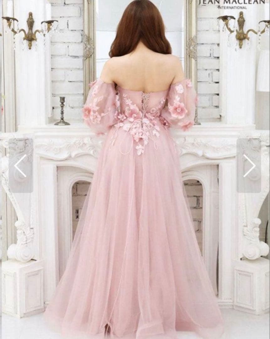 バースデードレス ピンク フラワー刺繍 オフショルダードレス