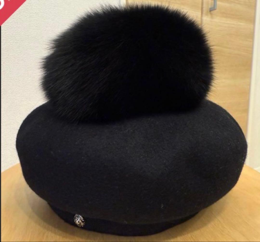 Vaquiaux ファー付きベレー帽 ブラック　キノコちゃん