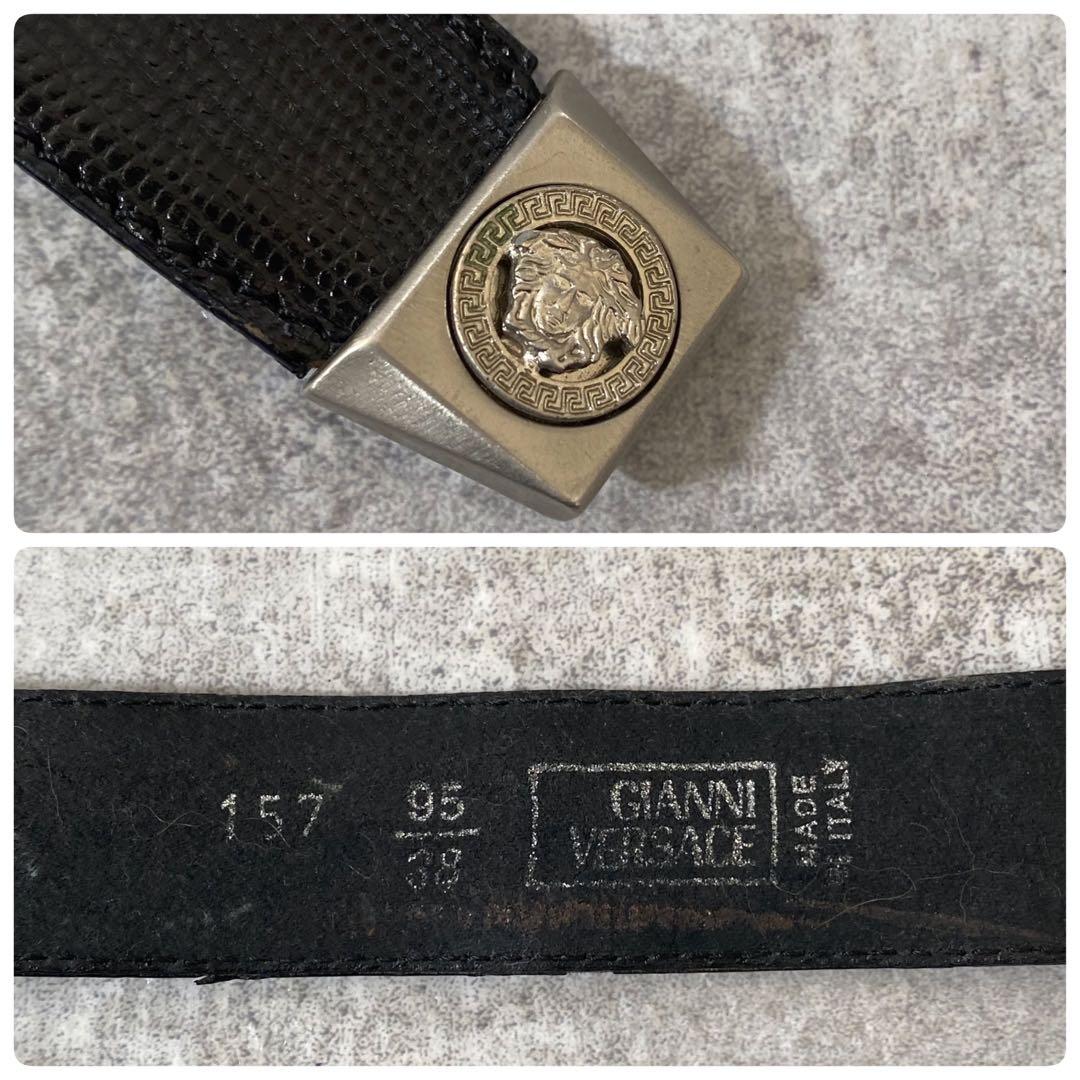 ヴェルサーチ　ベルト　リザード型押し　レザー　ブラック　シルバー金具