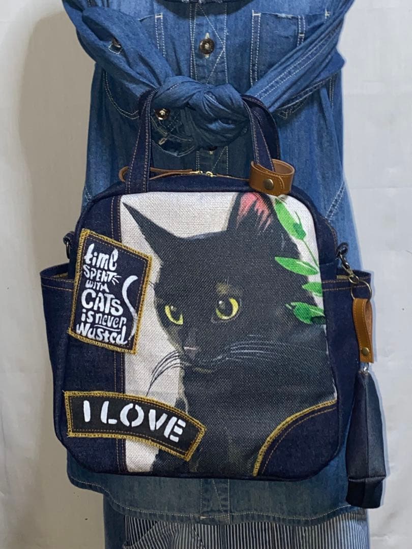 ☆岡山デニム☆黒猫☆リュック対応☆4wayボストンバッグ