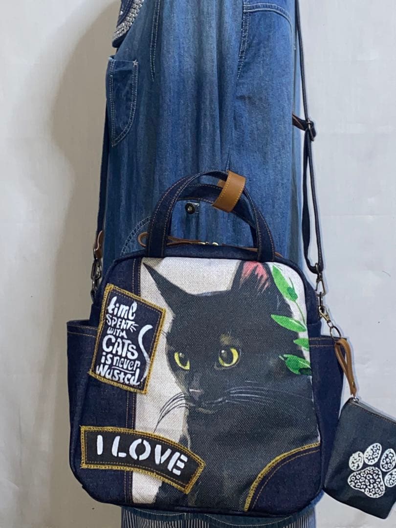 ☆岡山デニム☆黒猫☆リュック対応☆4wayボストンバッグ