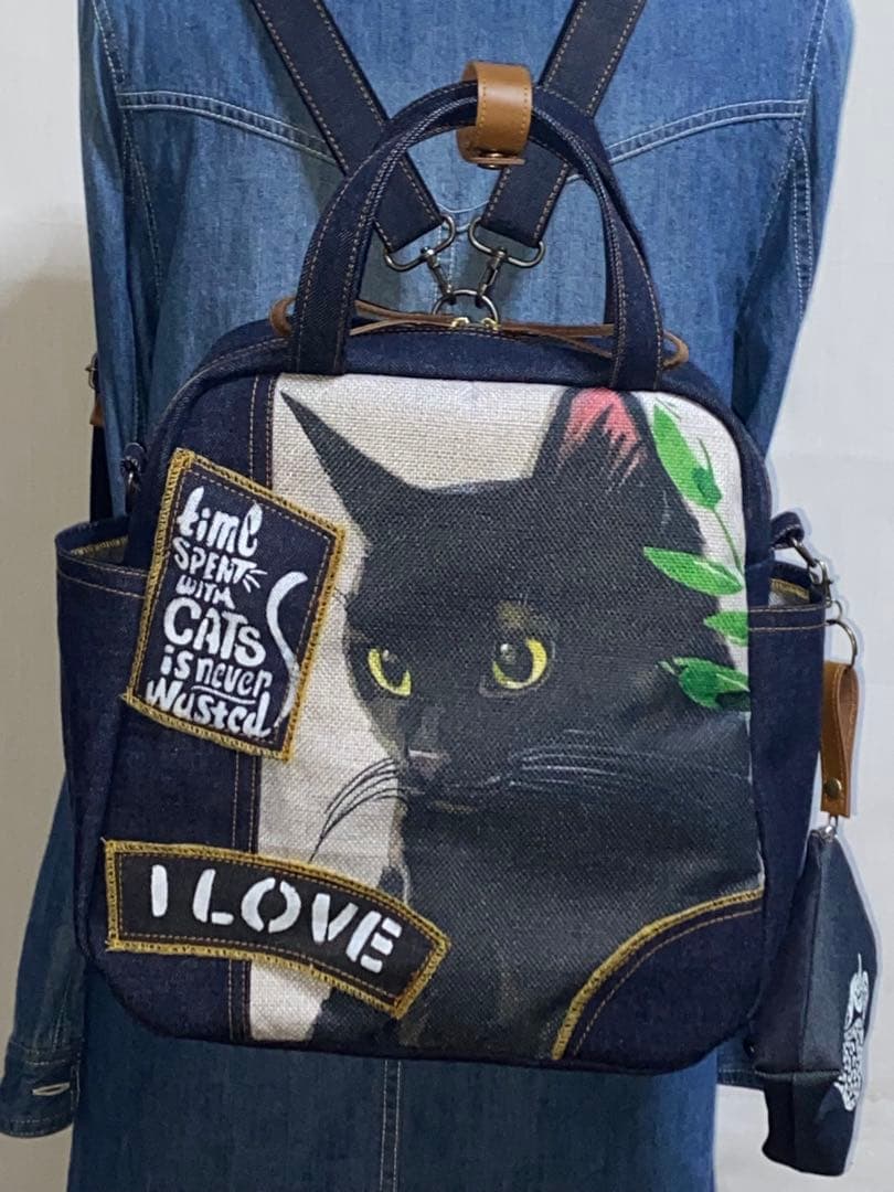 ☆岡山デニム☆黒猫☆リュック対応☆4wayボストンバッグ