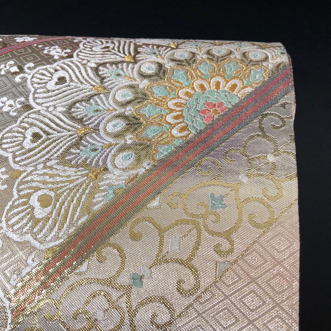 SO-754 袋帯 六通 正絹 華 菱 孔雀羽 幾何学模様 金銀糸 フォーマル