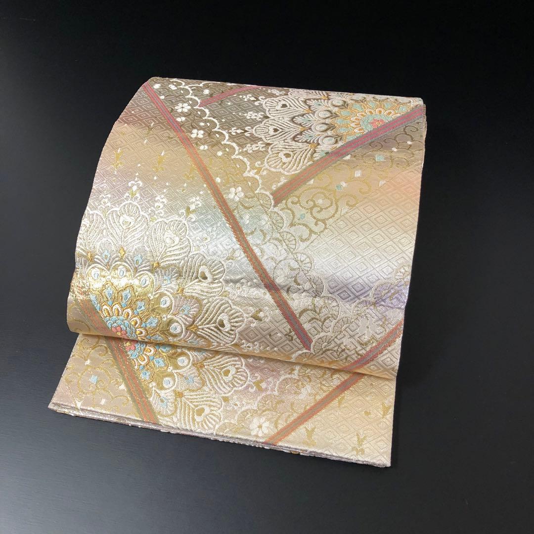 SO-754 袋帯 六通 正絹 華 菱 孔雀羽 幾何学模様 金銀糸 フォーマル