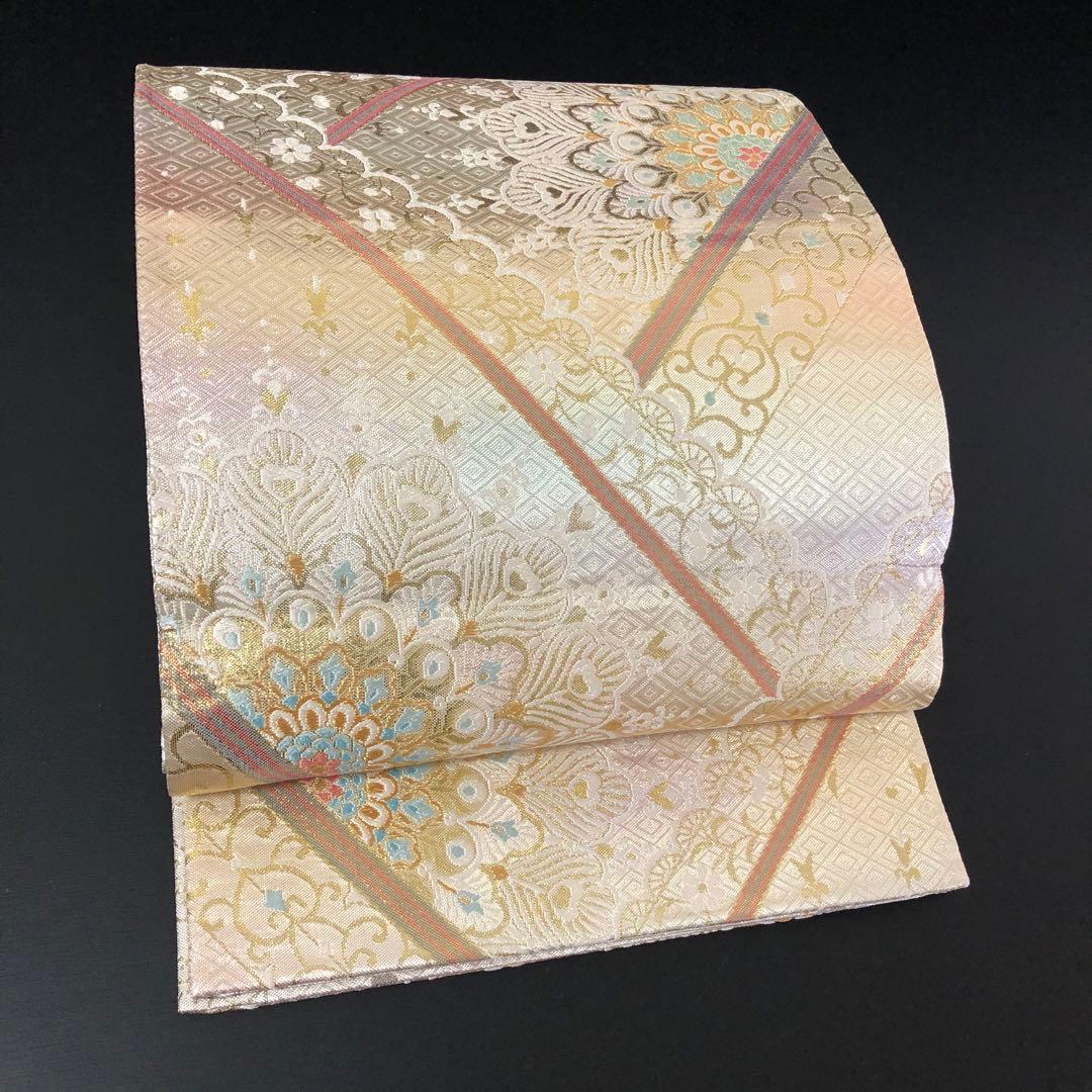 SO-754 袋帯 六通 正絹 華 菱 孔雀羽 幾何学模様 金銀糸 フォーマル