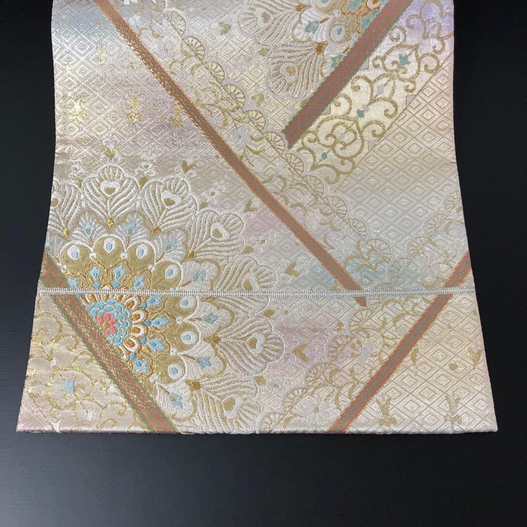 SO-754 袋帯 六通 正絹 華 菱 孔雀羽 幾何学模様 金銀糸 フォーマル