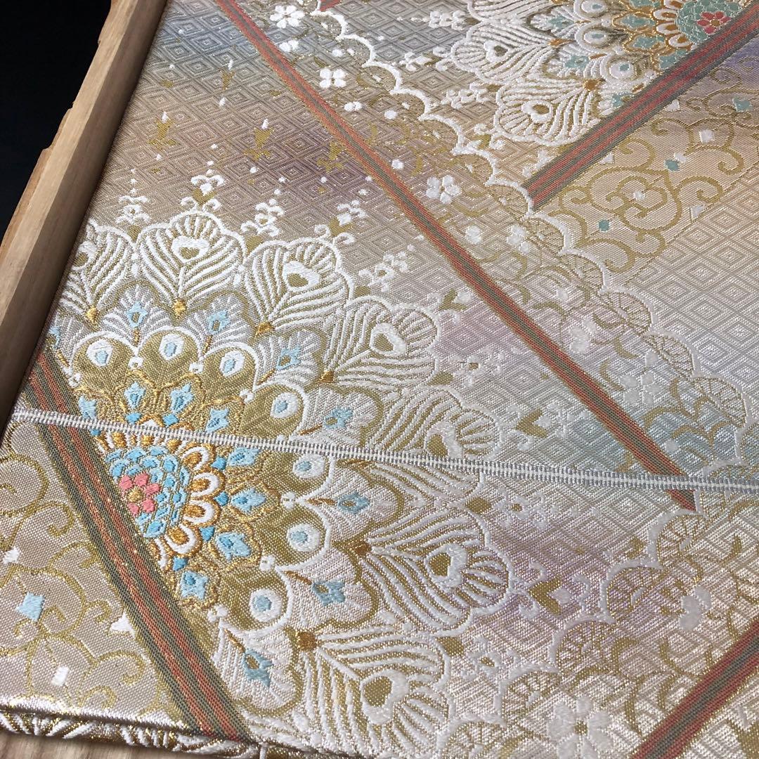 SO-754 袋帯 六通 正絹 華 菱 孔雀羽 幾何学模様 金銀糸 フォーマル